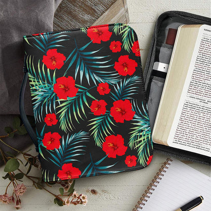 Tropical Hibiscus Leaves Pattern Print Leather Bible Cover