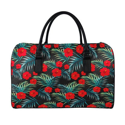 Tropical Hibiscus Leaves Pattern Print Leather Duffle Bag