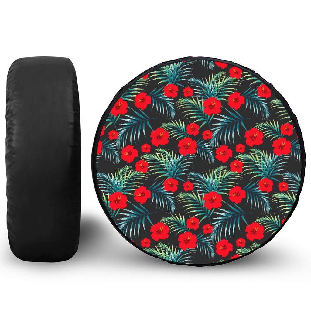 Tropical Hibiscus Leaves Pattern Print Leather Spare Tire Cover