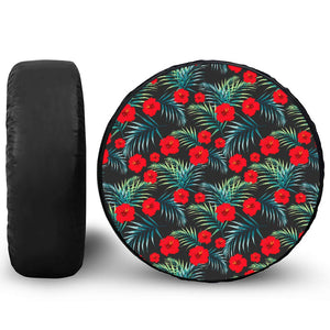 Tropical Hibiscus Leaves Pattern Print Leather Spare Tire Cover