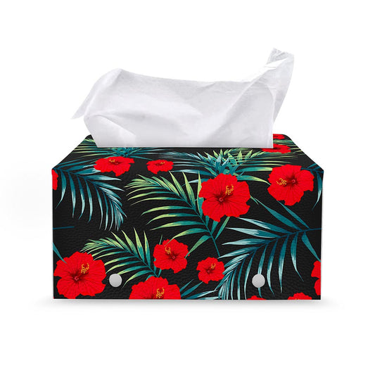 Tropical Hibiscus Leaves Pattern Print Leather Tissue Box Cover