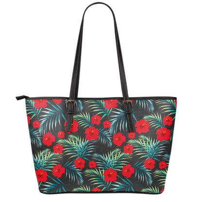 Tropical Hibiscus Leaves Pattern Print Leather Tote Bag