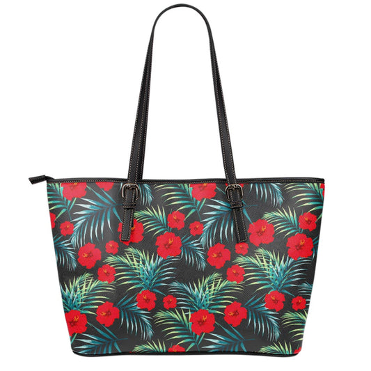Tropical Hibiscus Leaves Pattern Print Leather Tote Bag