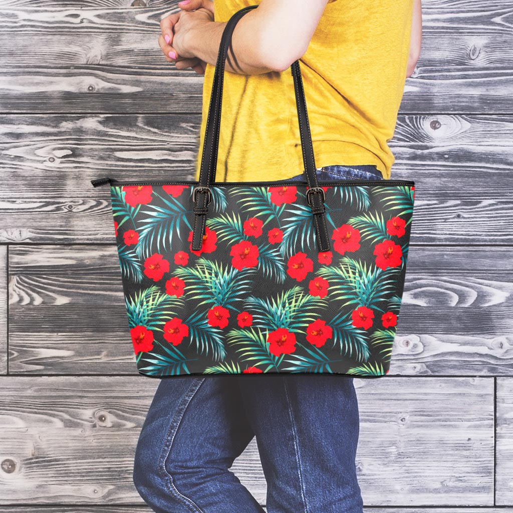 Tropical Hibiscus Leaves Pattern Print Leather Tote Bag