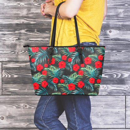Tropical Hibiscus Leaves Pattern Print Leather Tote Bag