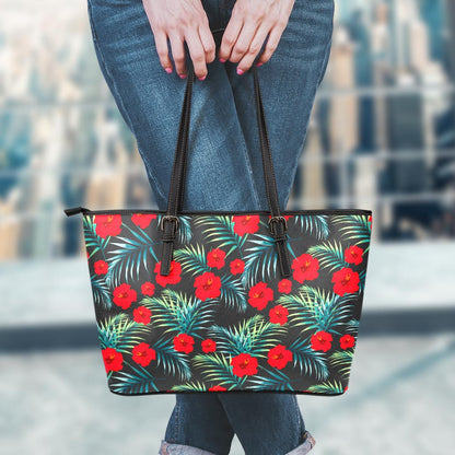 Tropical Hibiscus Leaves Pattern Print Leather Tote Bag