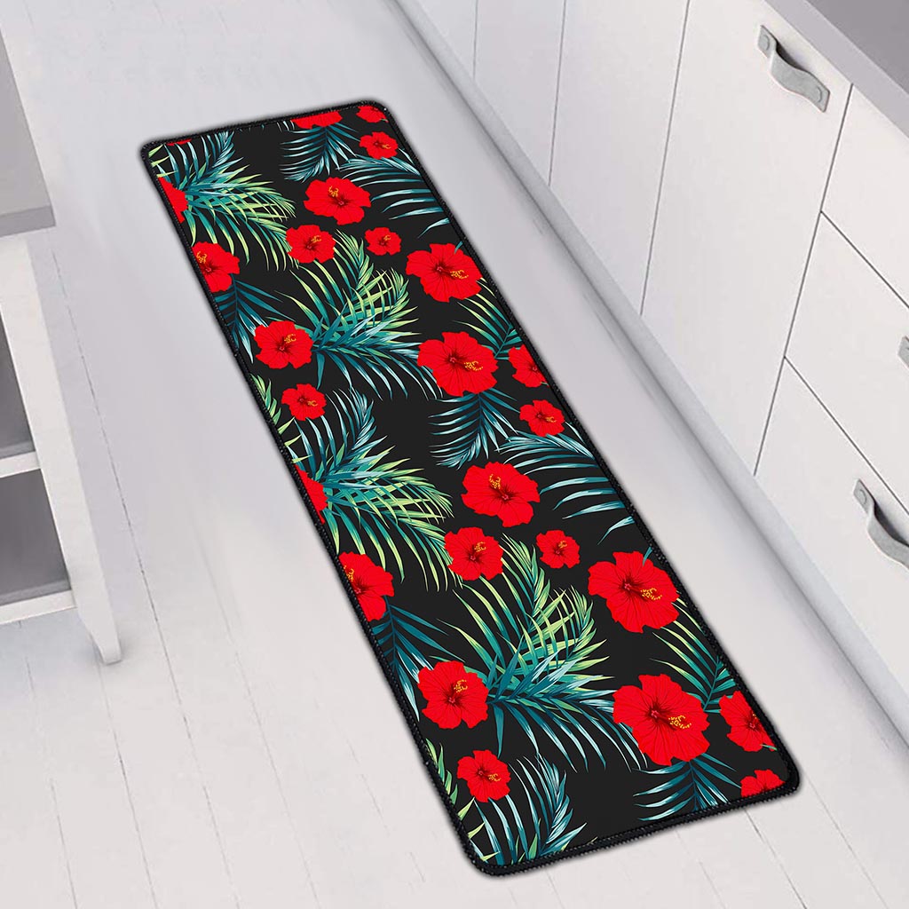 Tropical Hibiscus Leaves Pattern Print Long Kitchen Mat