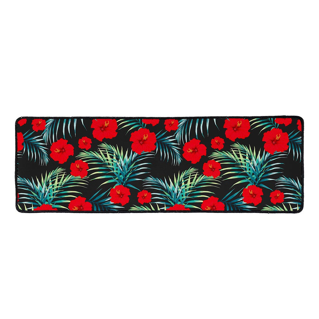 Tropical Hibiscus Leaves Pattern Print Long Kitchen Mat