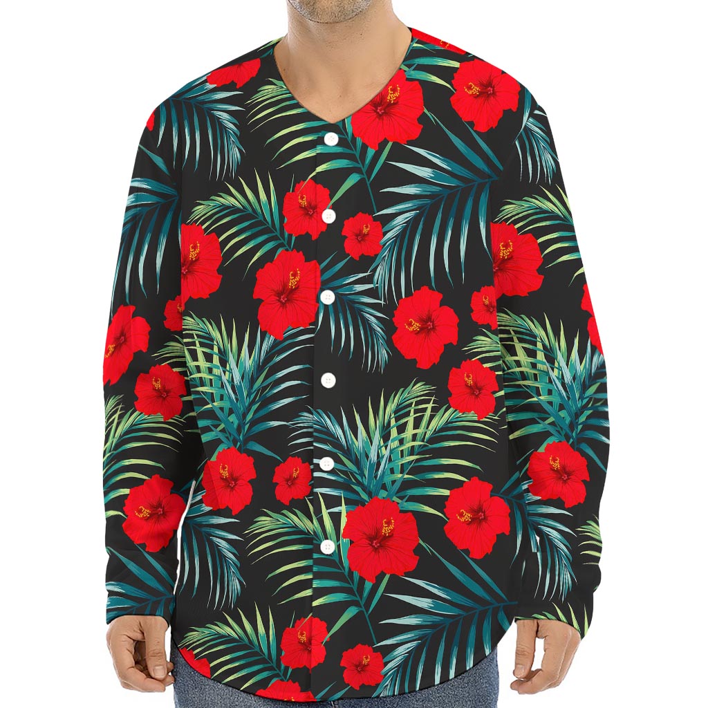 Tropical Hibiscus Leaves Pattern Print Long Sleeve Baseball Jersey