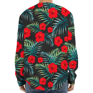 Tropical Hibiscus Leaves Pattern Print Long Sleeve Baseball Jersey