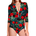 Tropical Hibiscus Leaves Pattern Print Long Sleeve Swimsuit
