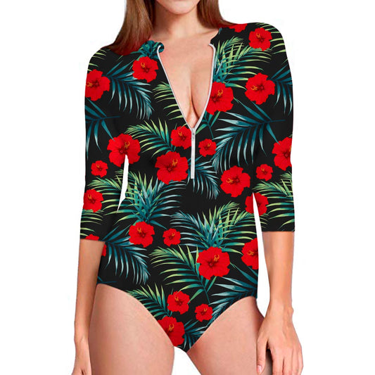 Tropical Hibiscus Leaves Pattern Print Long Sleeve Swimsuit