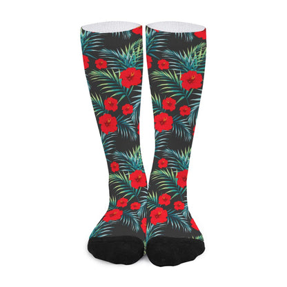 Tropical Hibiscus Leaves Pattern Print Long Socks