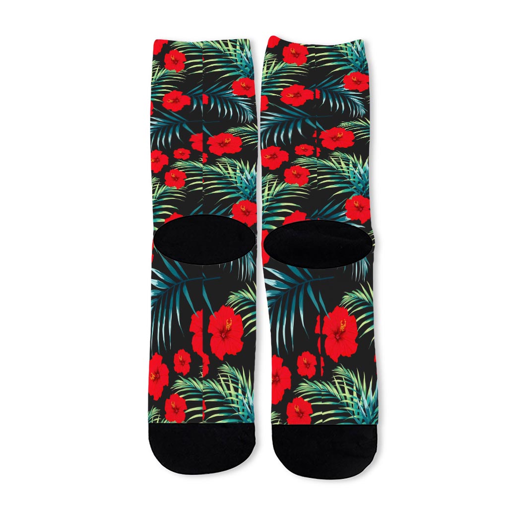 Tropical Hibiscus Leaves Pattern Print Long Socks
