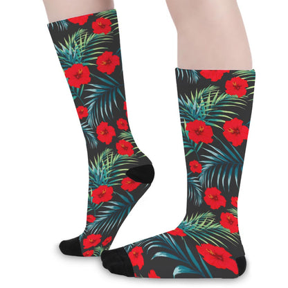 Tropical Hibiscus Leaves Pattern Print Long Socks