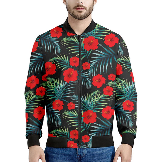 Tropical Hibiscus Leaves Pattern Print Men's Bomber Jacket