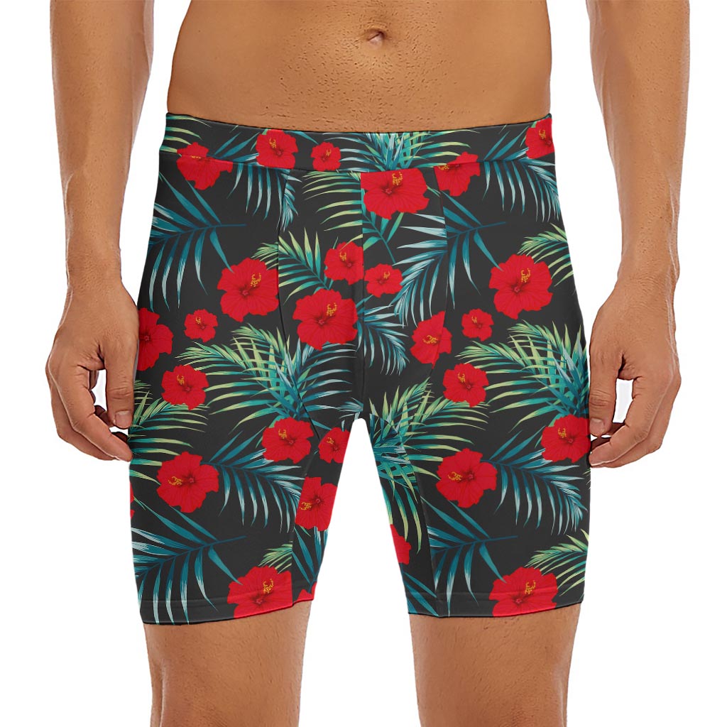 Tropical Hibiscus Leaves Pattern Print Men's Long Boxer Briefs