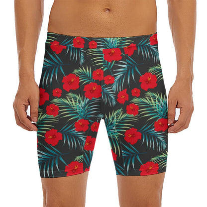 Tropical Hibiscus Leaves Pattern Print Men's Long Boxer Briefs