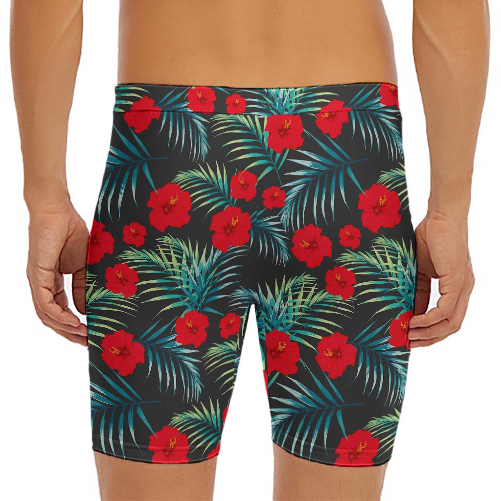 Tropical Hibiscus Leaves Pattern Print Men's Long Boxer Briefs