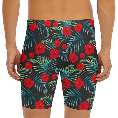 Tropical Hibiscus Leaves Pattern Print Men's Long Boxer Briefs