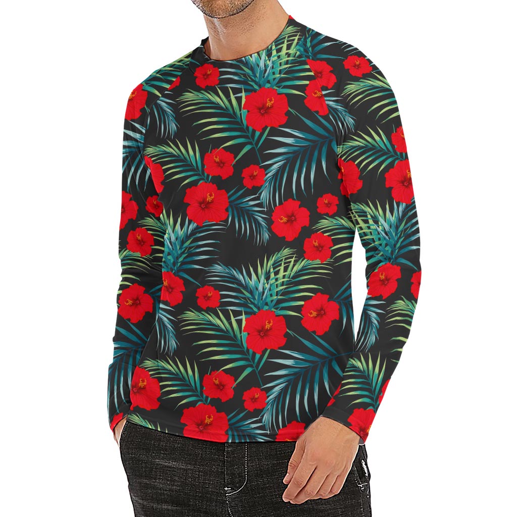 Tropical Hibiscus Leaves Pattern Print Men's Long Sleeve Rash Guard