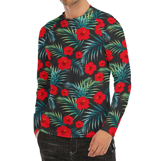 Tropical Hibiscus Leaves Pattern Print Men's Long Sleeve Rash Guard
