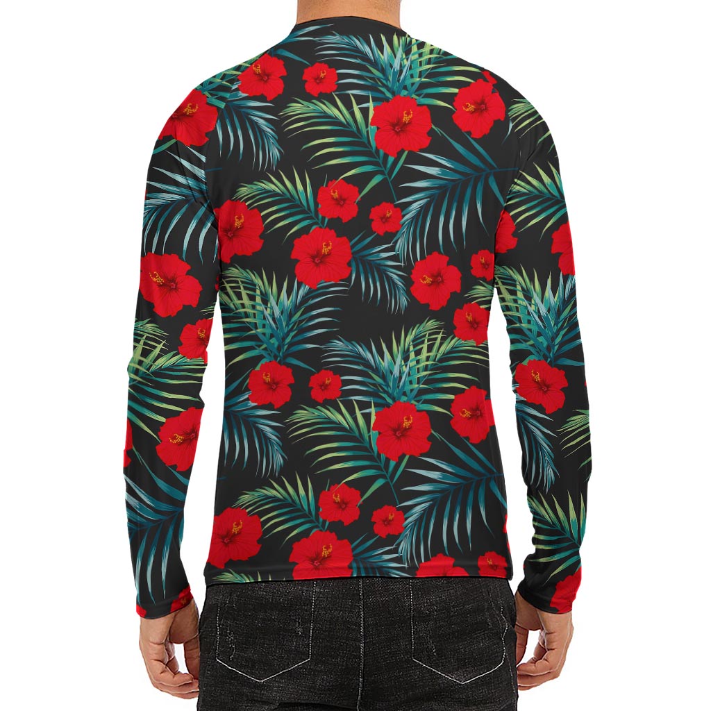 Tropical Hibiscus Leaves Pattern Print Men's Long Sleeve Rash Guard