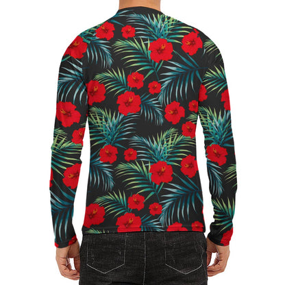 Tropical Hibiscus Leaves Pattern Print Men's Long Sleeve Rash Guard
