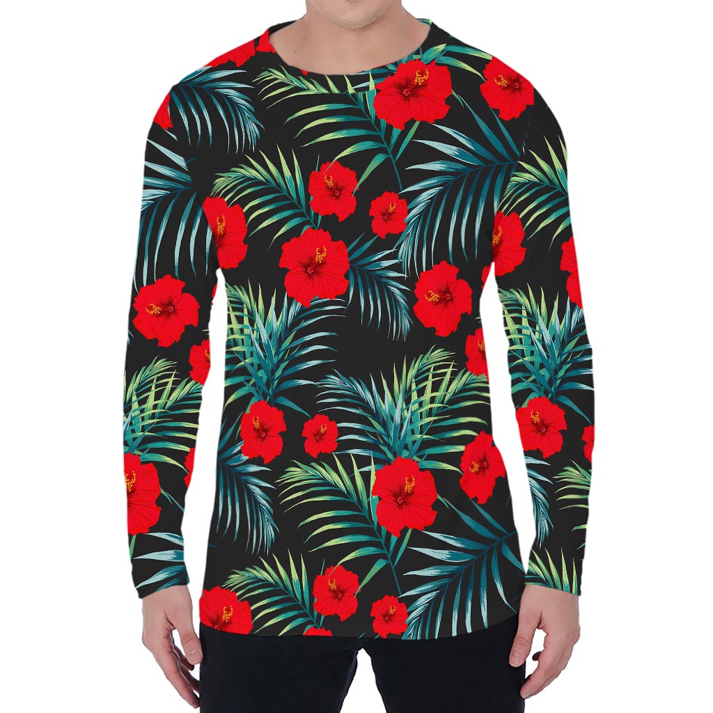 Tropical Hibiscus Leaves Pattern Print Men's Long Sleeve T-Shirt