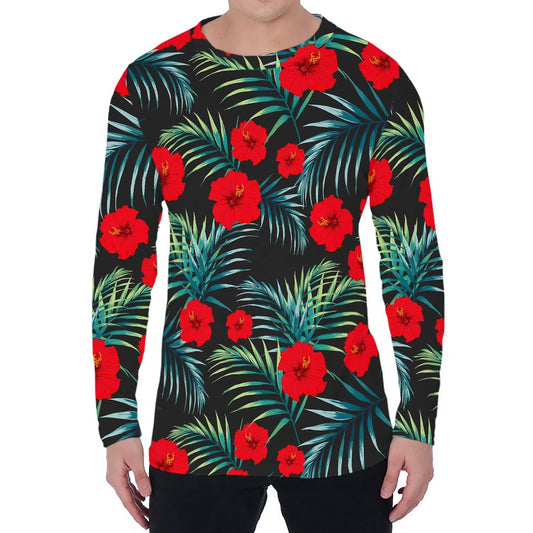 Tropical Hibiscus Leaves Pattern Print Men's Long Sleeve T-Shirt