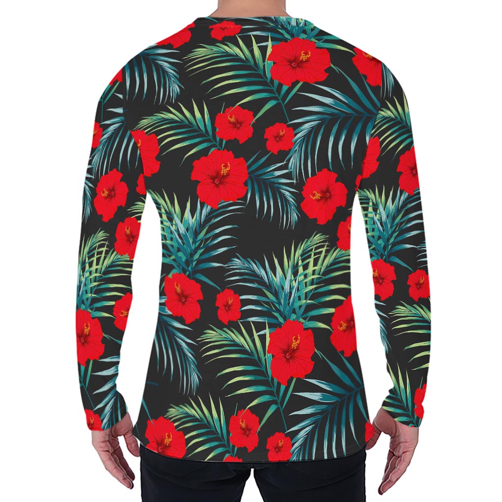Tropical Hibiscus Leaves Pattern Print Men's Long Sleeve T-Shirt
