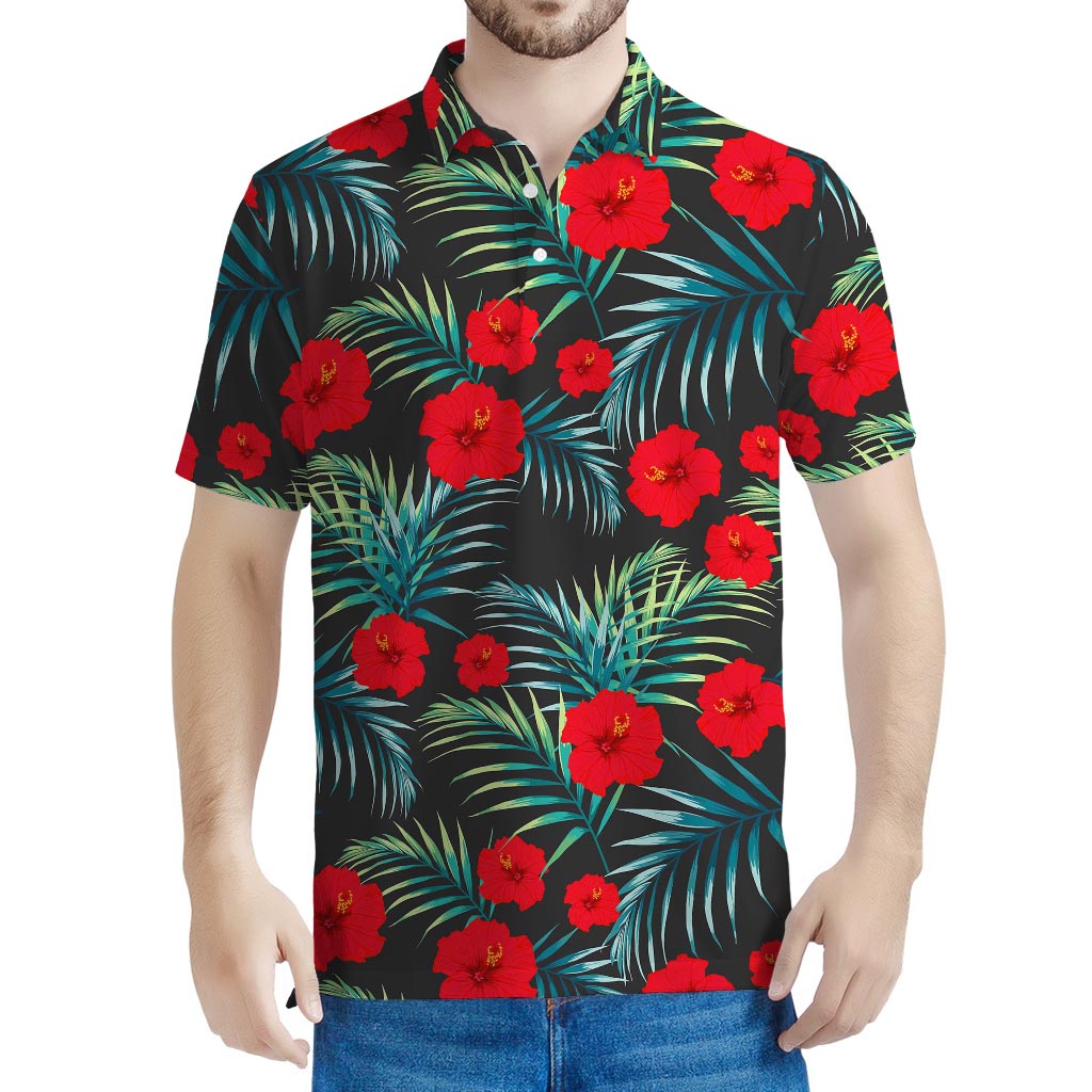 Tropical Hibiscus Leaves Pattern Print Men's Polo Shirt