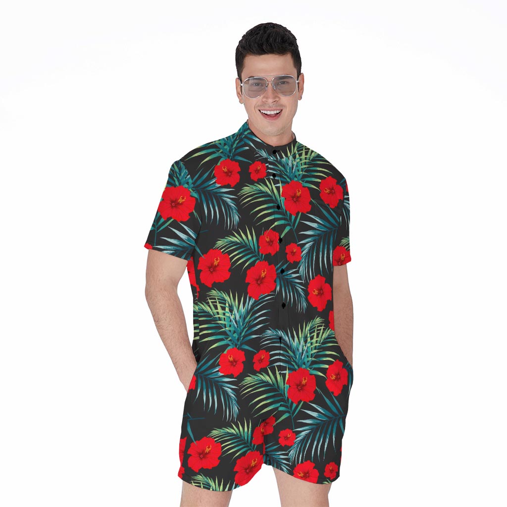Tropical Hibiscus Leaves Pattern Print Men's Rompers