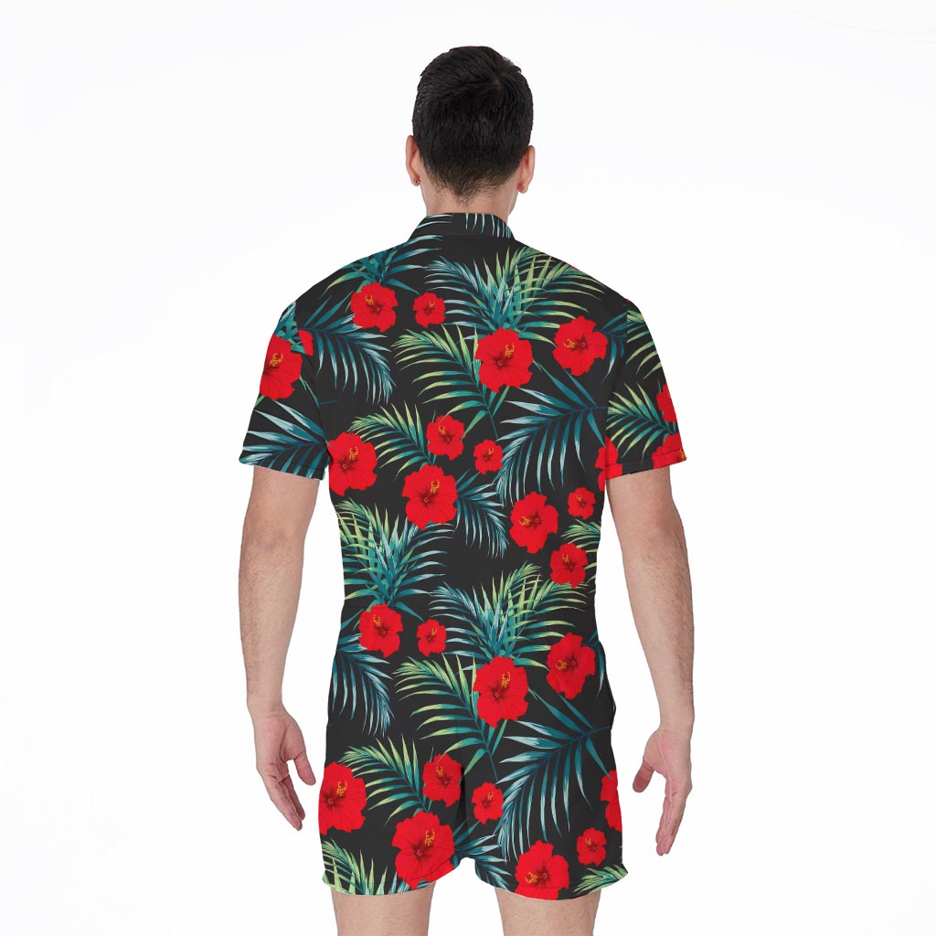 Tropical Hibiscus Leaves Pattern Print Men's Rompers