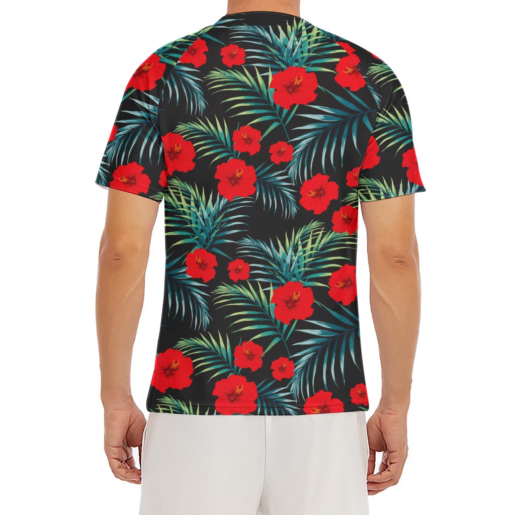 Tropical Hibiscus Leaves Pattern Print Men's Short Sleeve Rash Guard