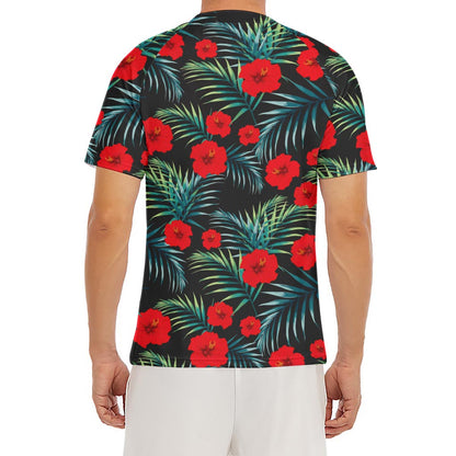 Tropical Hibiscus Leaves Pattern Print Men's Short Sleeve Rash Guard