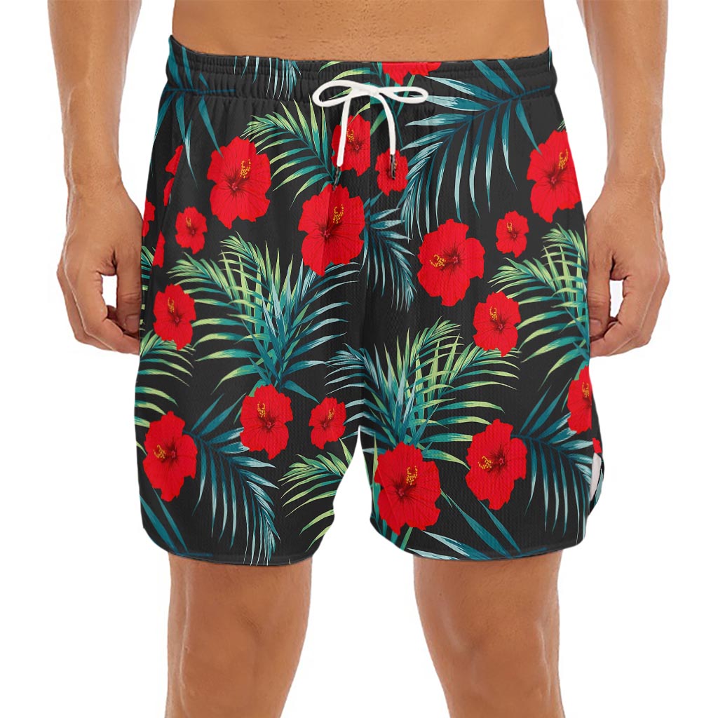 Tropical Hibiscus Leaves Pattern Print Men's Split Running Shorts