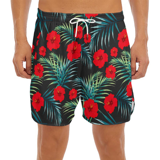 Tropical Hibiscus Leaves Pattern Print Men's Split Running Shorts