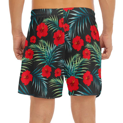 Tropical Hibiscus Leaves Pattern Print Men's Split Running Shorts