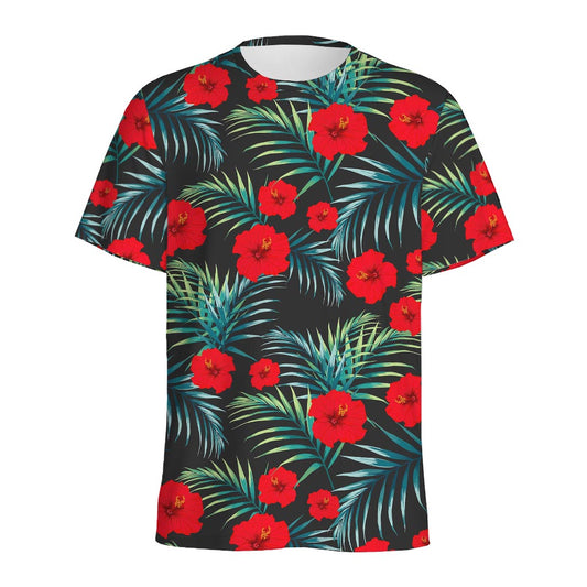 Tropical Hibiscus Leaves Pattern Print Men's Sports T-Shirt