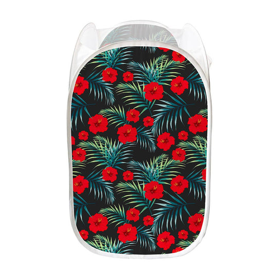 Tropical Hibiscus Leaves Pattern Print Mesh Laundry Hamper