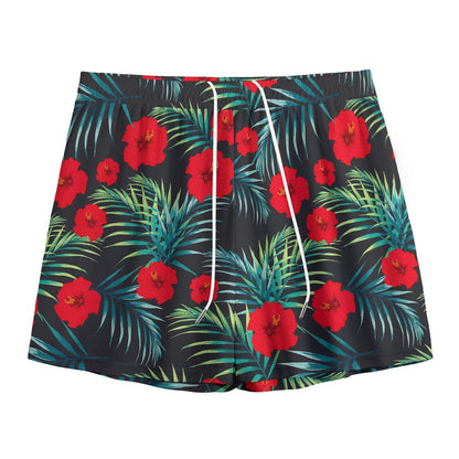 Tropical Hibiscus Leaves Pattern Print Mesh Shorts