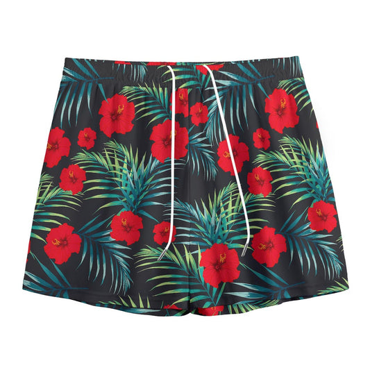 Tropical Hibiscus Leaves Pattern Print Mesh Shorts