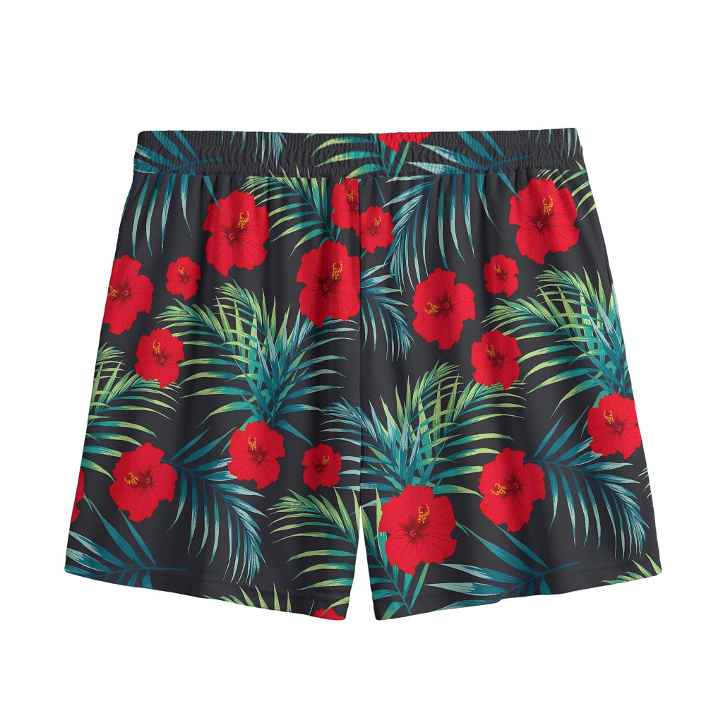 Tropical Hibiscus Leaves Pattern Print Mesh Shorts