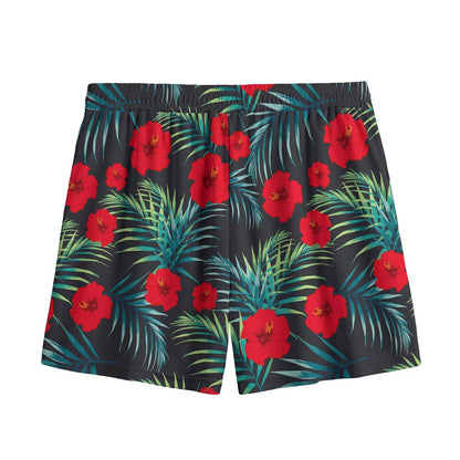 Tropical Hibiscus Leaves Pattern Print Mesh Shorts