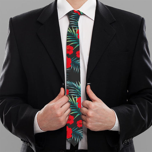 Tropical Hibiscus Leaves Pattern Print Necktie