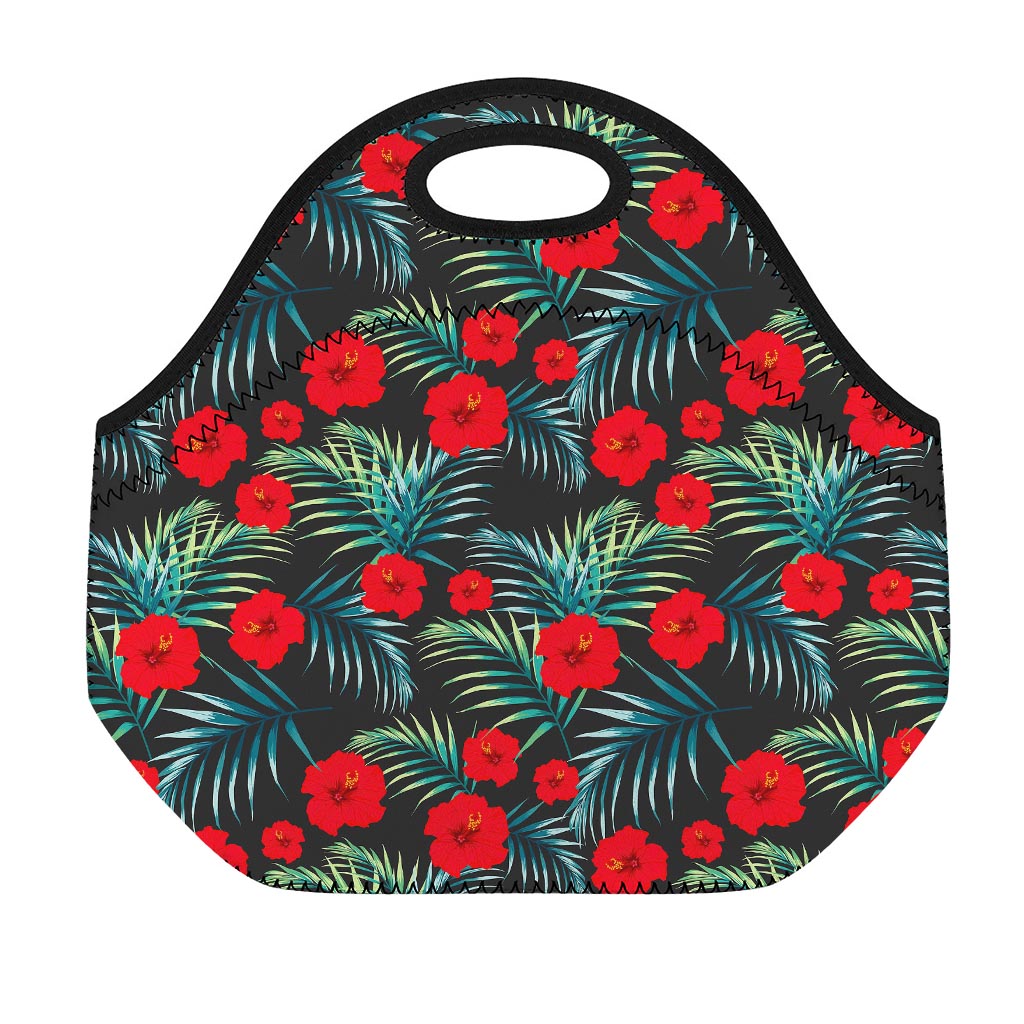 Tropical Hibiscus Leaves Pattern Print Neoprene Lunch Bag