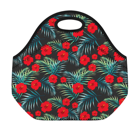 Tropical Hibiscus Leaves Pattern Print Neoprene Lunch Bag