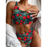 Tropical Hibiscus Leaves Pattern Print One Shoulder Bikini Top