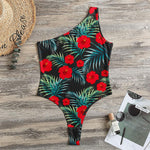 Tropical Hibiscus Leaves Pattern Print One Shoulder Bodysuit